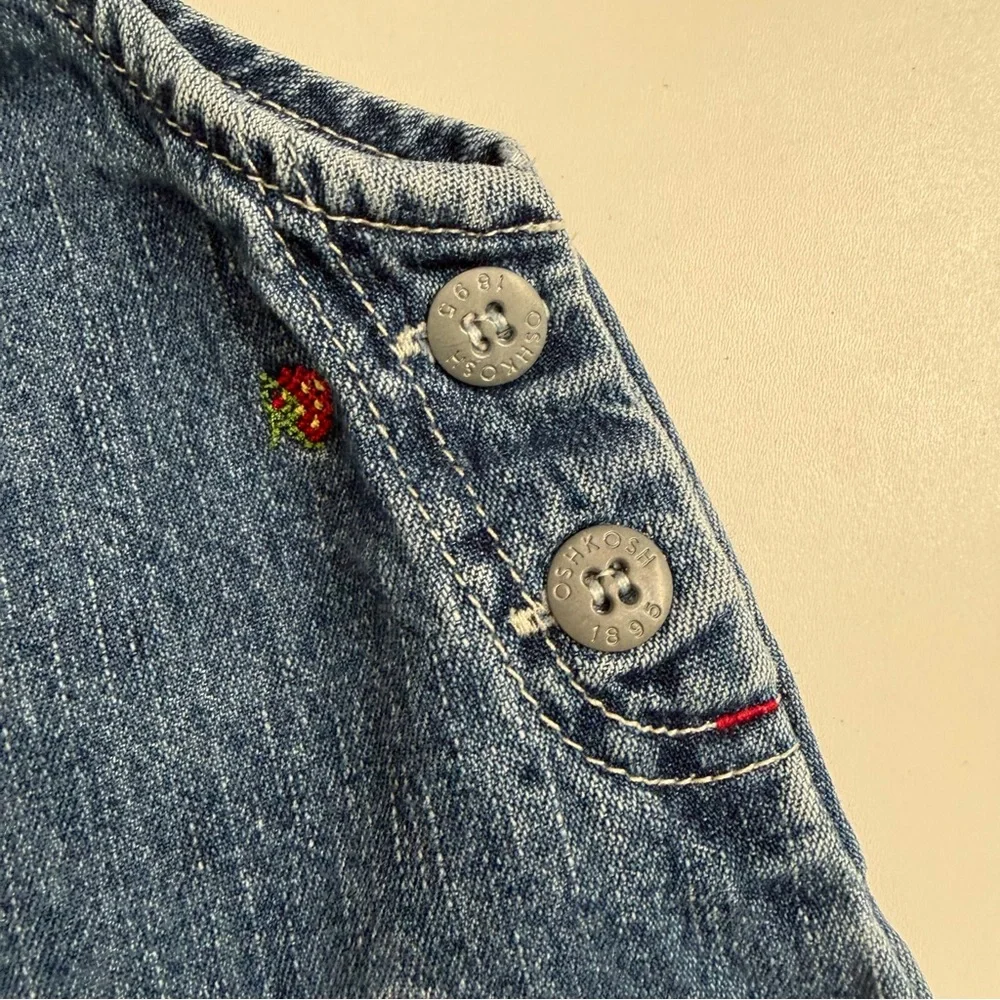Vintage Y2K OshKosh B'gosh Denim Dress Overalls Embroidered Strawberries Blue